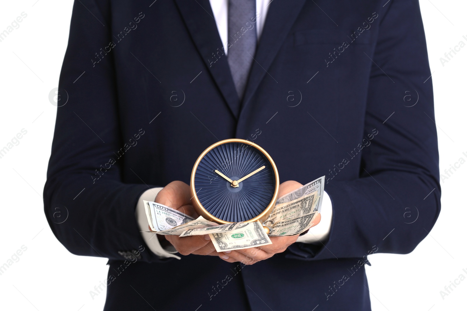 Photo of Businessman holding alarm clock and cash on white background. Time is money concept