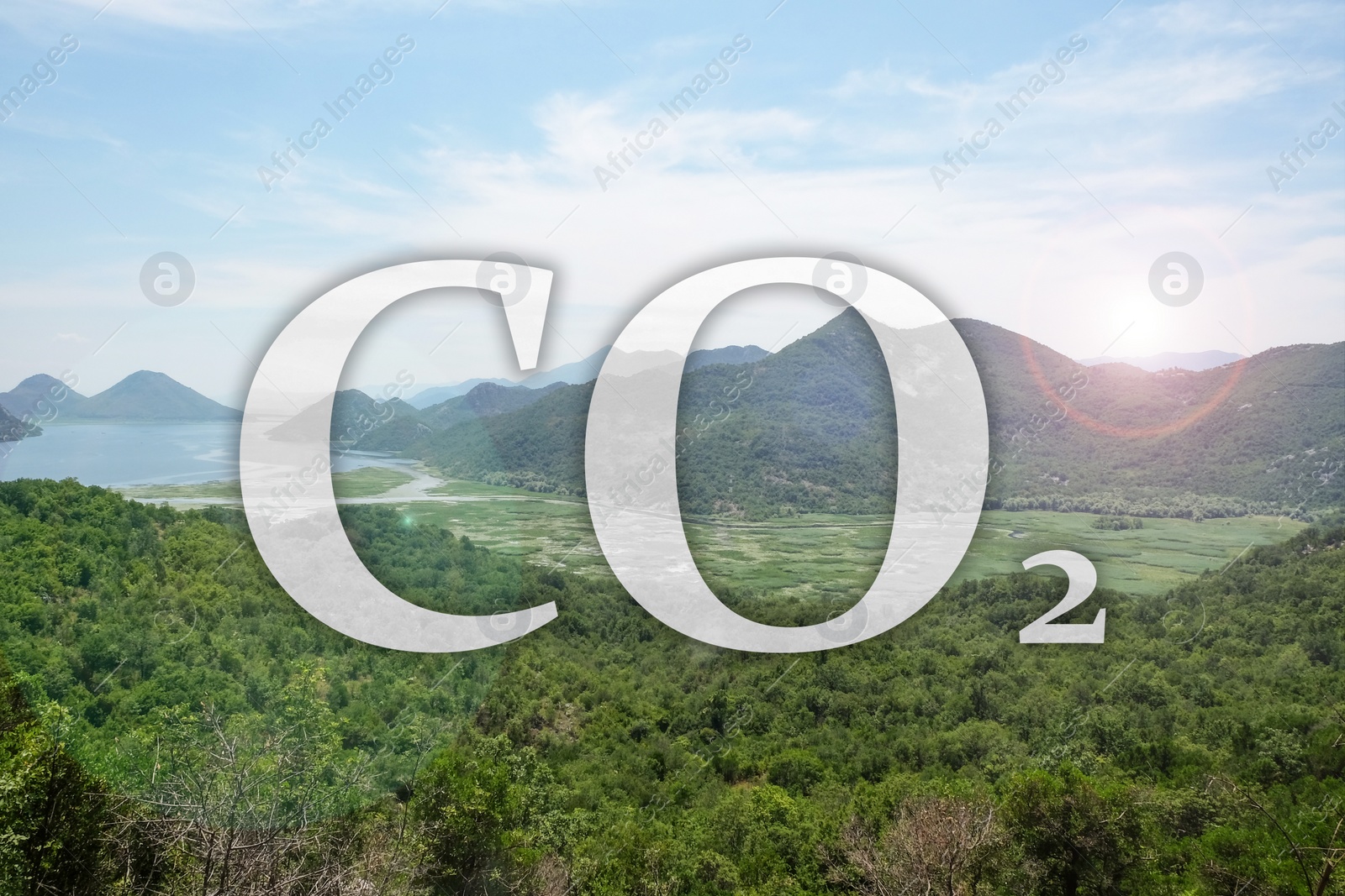 Image of Concept of clear air. CO2 inscription and beautiful mountain landscape 