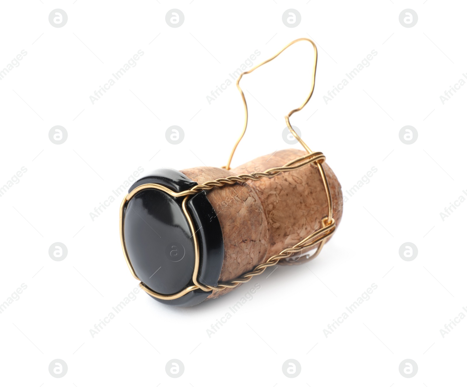 Photo of Champagne cork with wire cage isolated on white