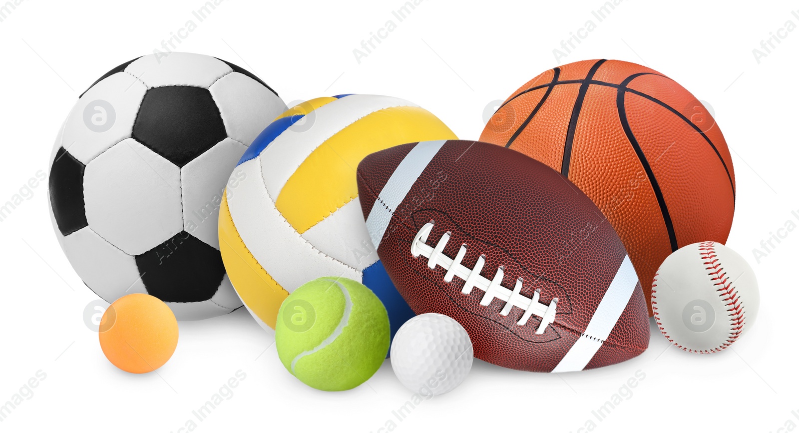 Image of Group of different sport balls on white background