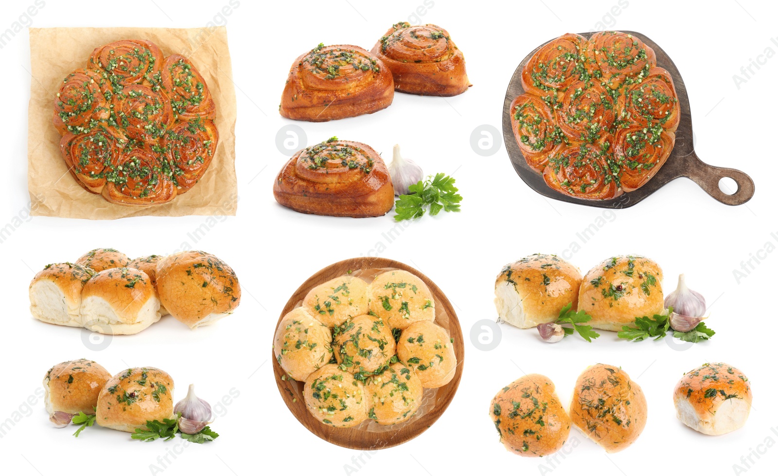 Image of Traditional Ukrainian buns (Pampushky) on white background, collage