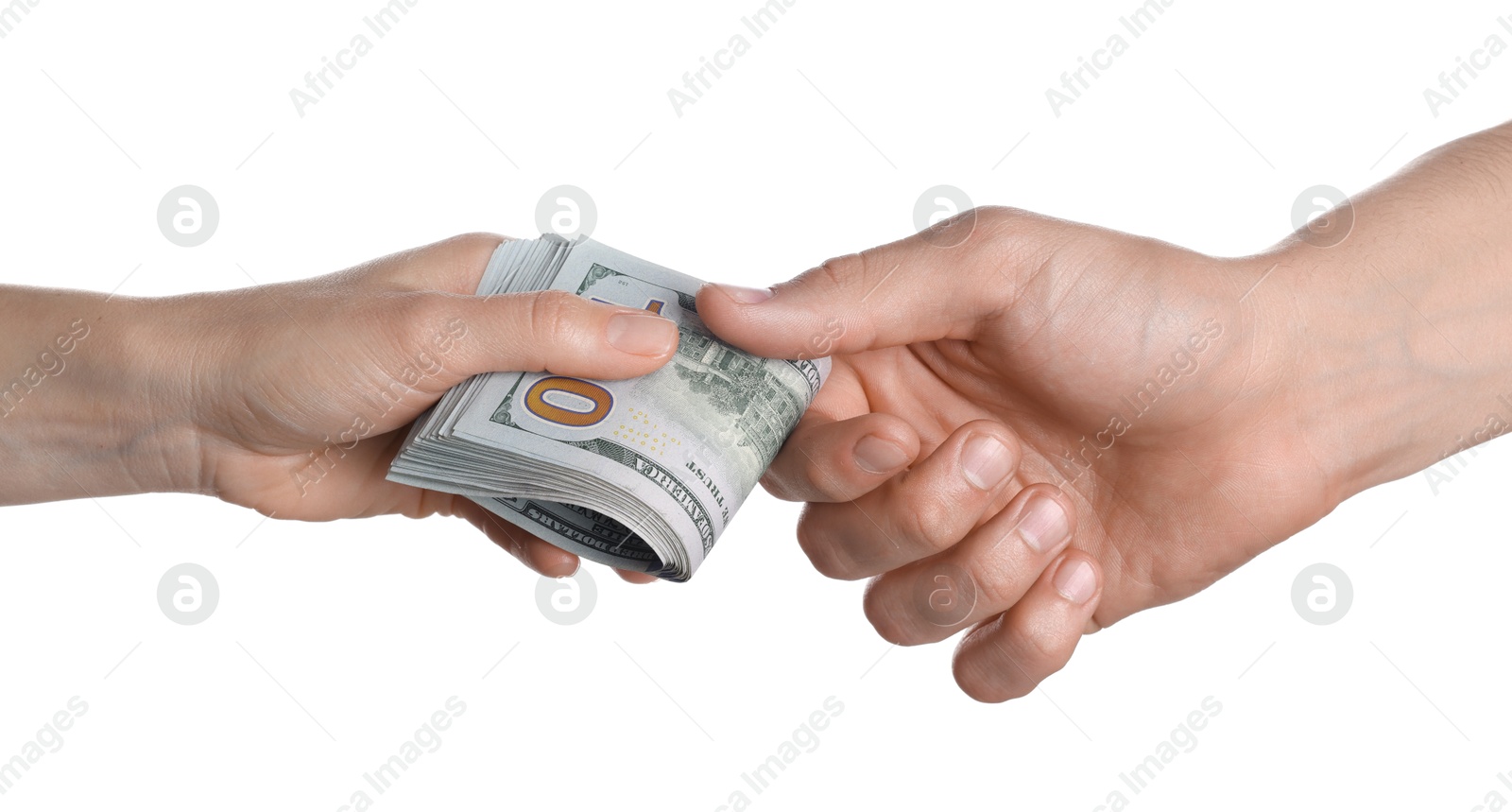 Photo of Money exchange. Man giving dollar banknotes to woman on white background, closeup