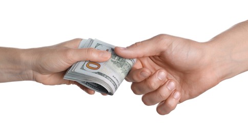 Photo of Money exchange. Man giving dollar banknotes to woman on white background, closeup