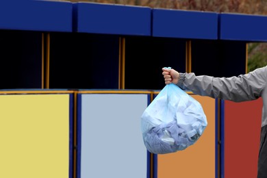 Photo of Man with garbage bag at recycling point outdoors, closeup