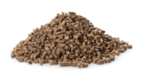 Photo of Pile of wood cat litter isolated on white