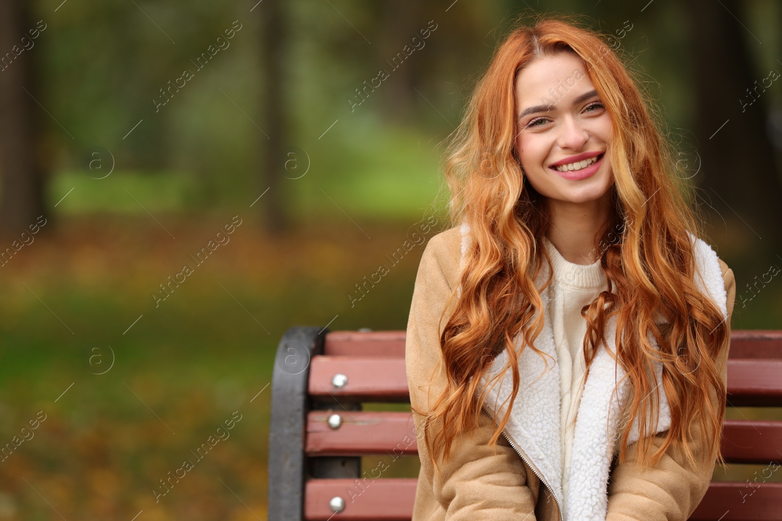 Photo of Portrait of smiling woman sitting on bench in autumn park. Space for text