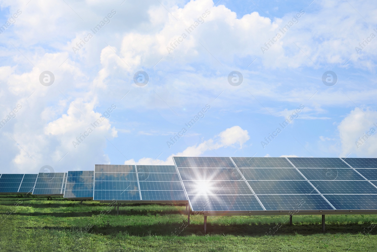 Image of Solar panels outdoors on sunny day. Alternative energy source