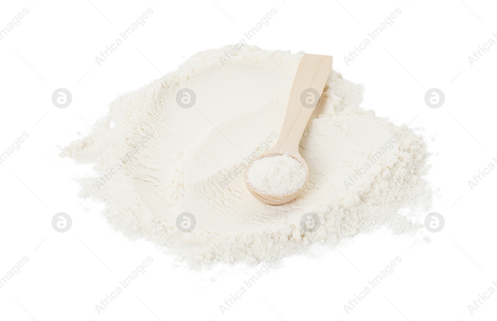 Photo of Baking powder and spoon isolated on white