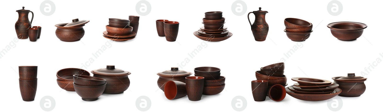 Image of Set with clay dishes on white background. Banner design