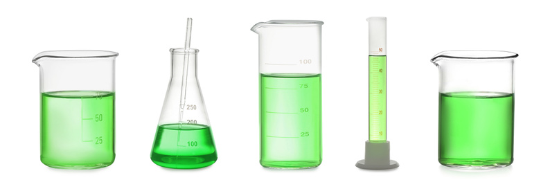 Image of Set of laboratory glassware with green liquid on white background. Banner design