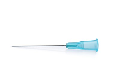 Photo of Disposable syringe needle isolated on white. Medical equipment