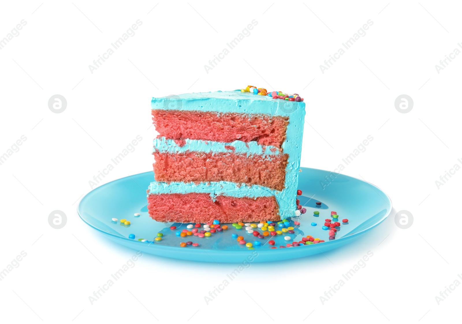 Photo of Slice of fresh delicious birthday cake on white background