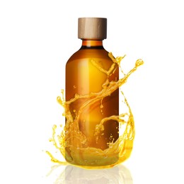 Image of Bottle of cosmetic product with essential oil and splashes around on white background