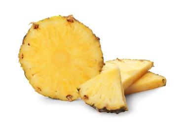 Photo of Slices of tasty juicy pineapple on white background