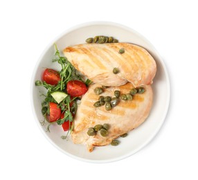 Photo of Delicious cooked chicken fillets with capers and salad on white background, top view