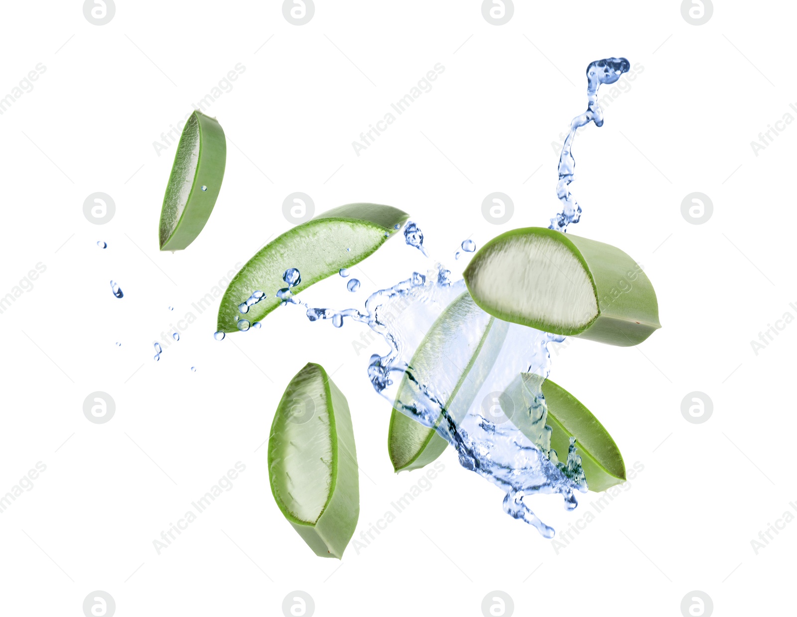 Image of Sliced aloe vera leaf and splashes of juice on white background