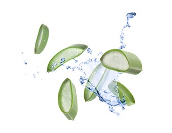 Image of Sliced aloe vera leaf and splashes of juice on white background