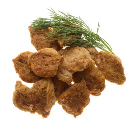 Delicious cooked soy meat with dill on white background, top view