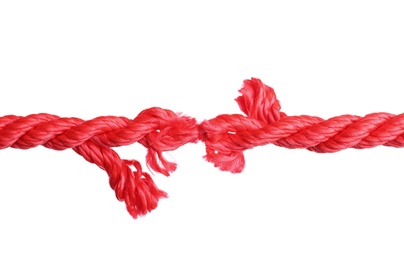 Rupture of red climbing rope on white background