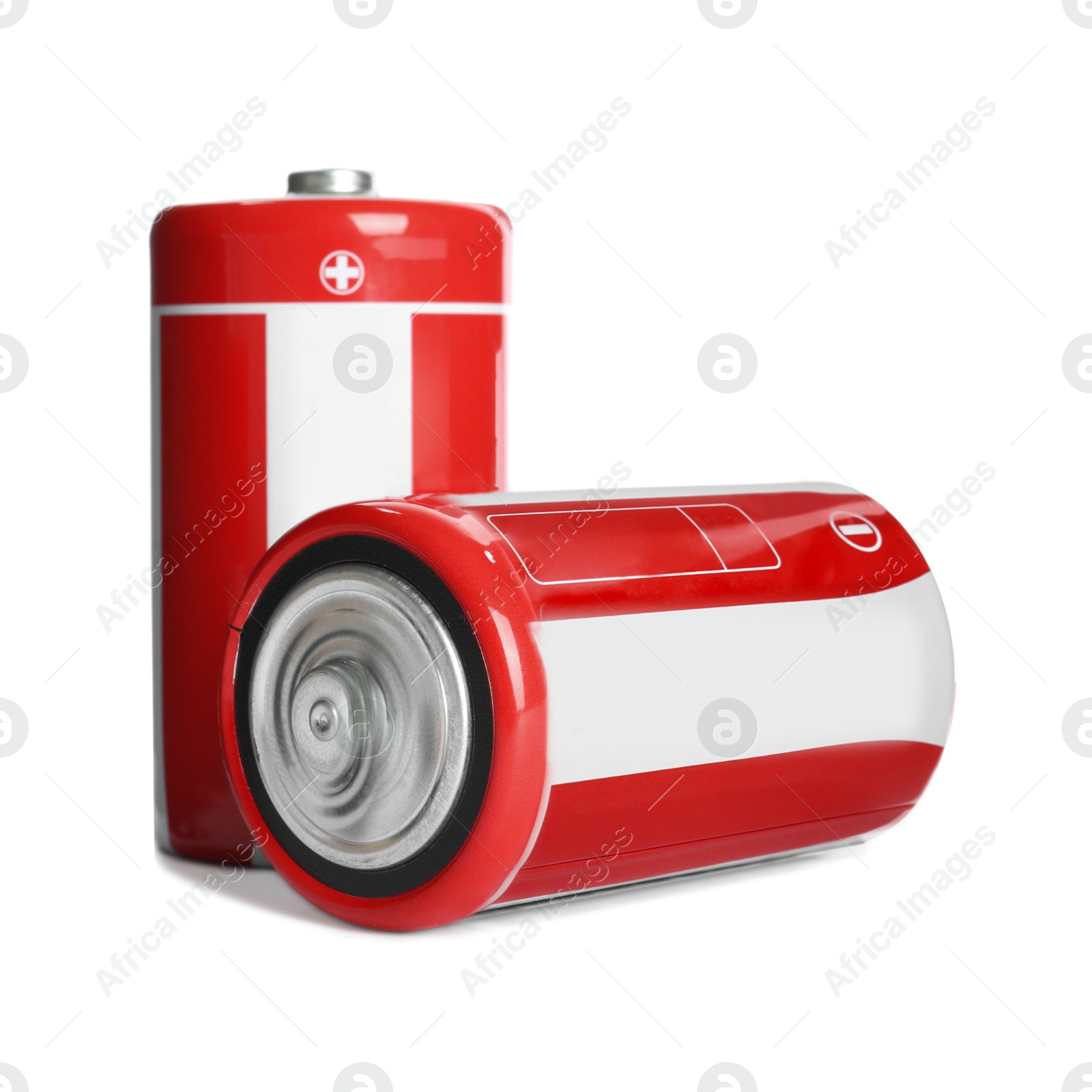 Image of New D batteries on white background. Dry cell