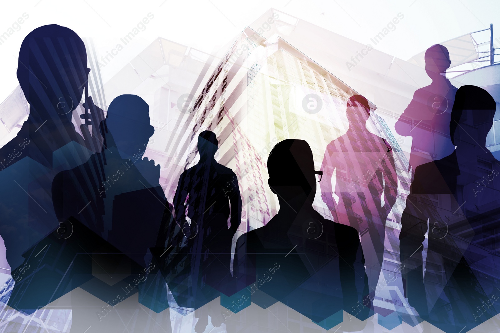 Image of Double exposure of businesspeople and cityscape. Leadership concept