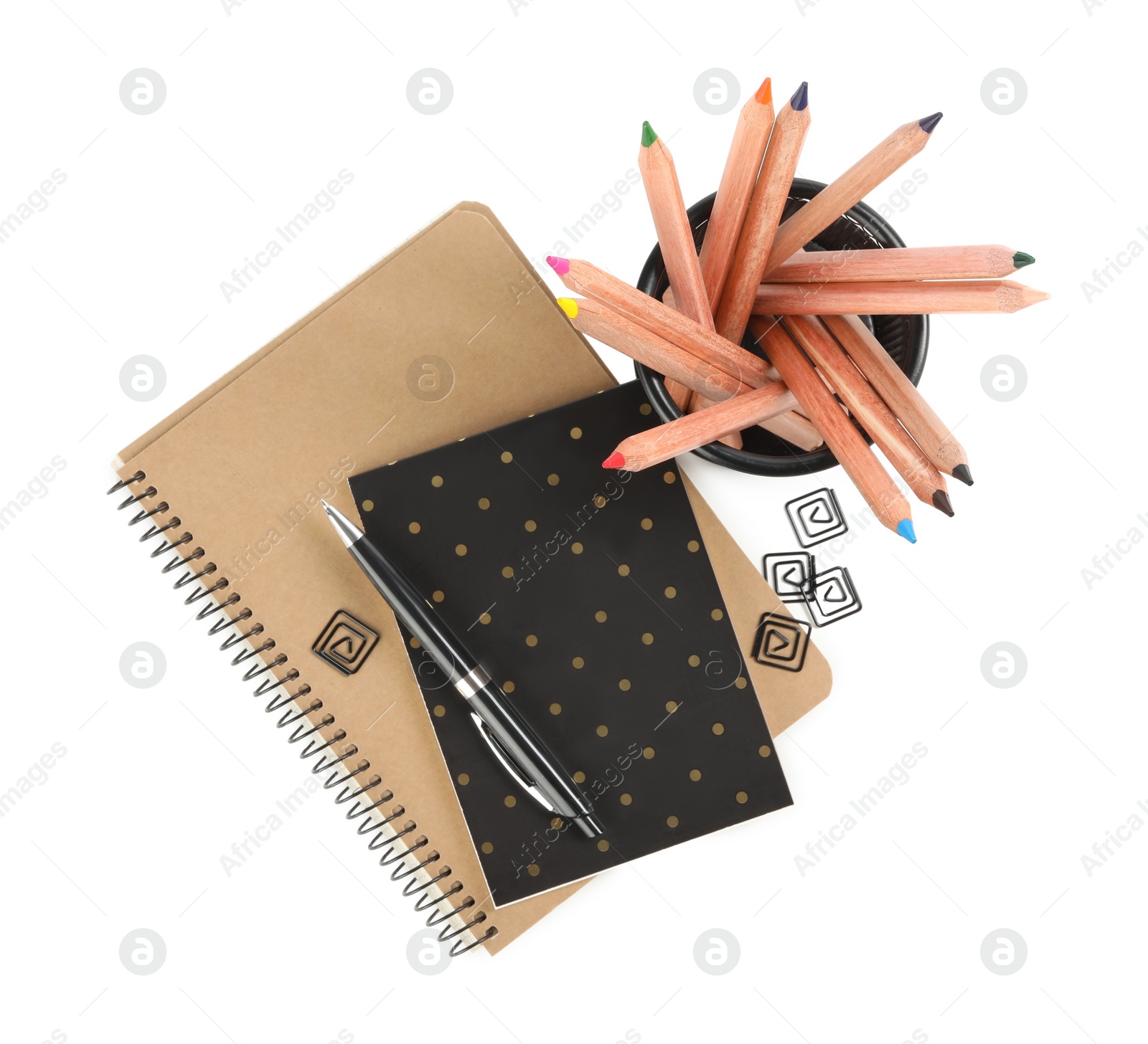 Photo of Set of school stationery on white background, top view