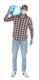 Courier in medical mask holding bottle for water cooler on white background. Delivery during coronavirus quarantine