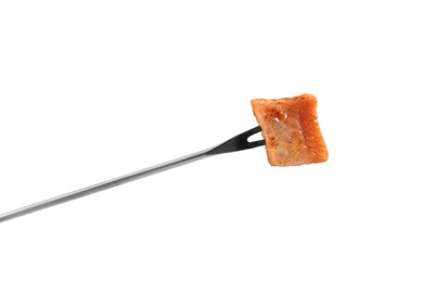 Fondue fork with piece of fried meat isolated on white, top view