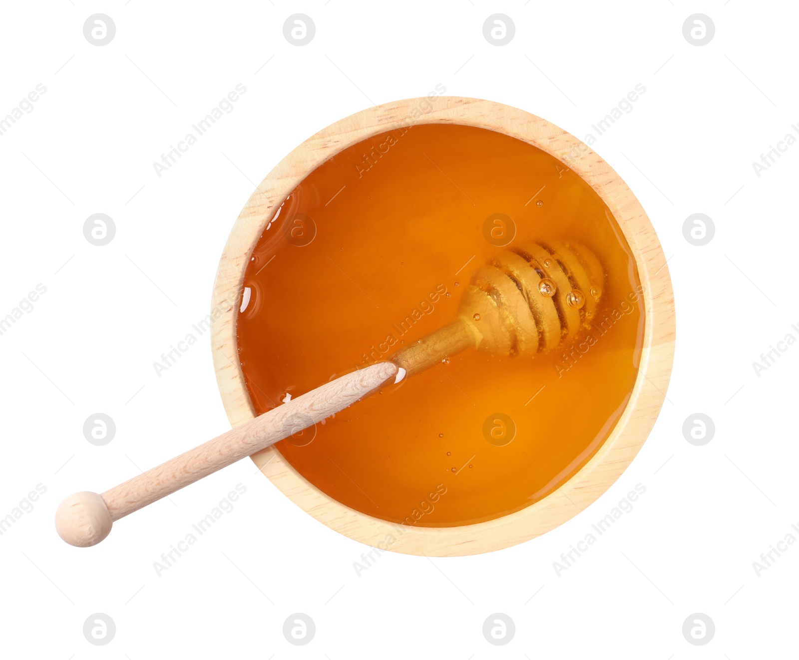 Photo of Tasty honey in bowl and dipper isolated on white, top view