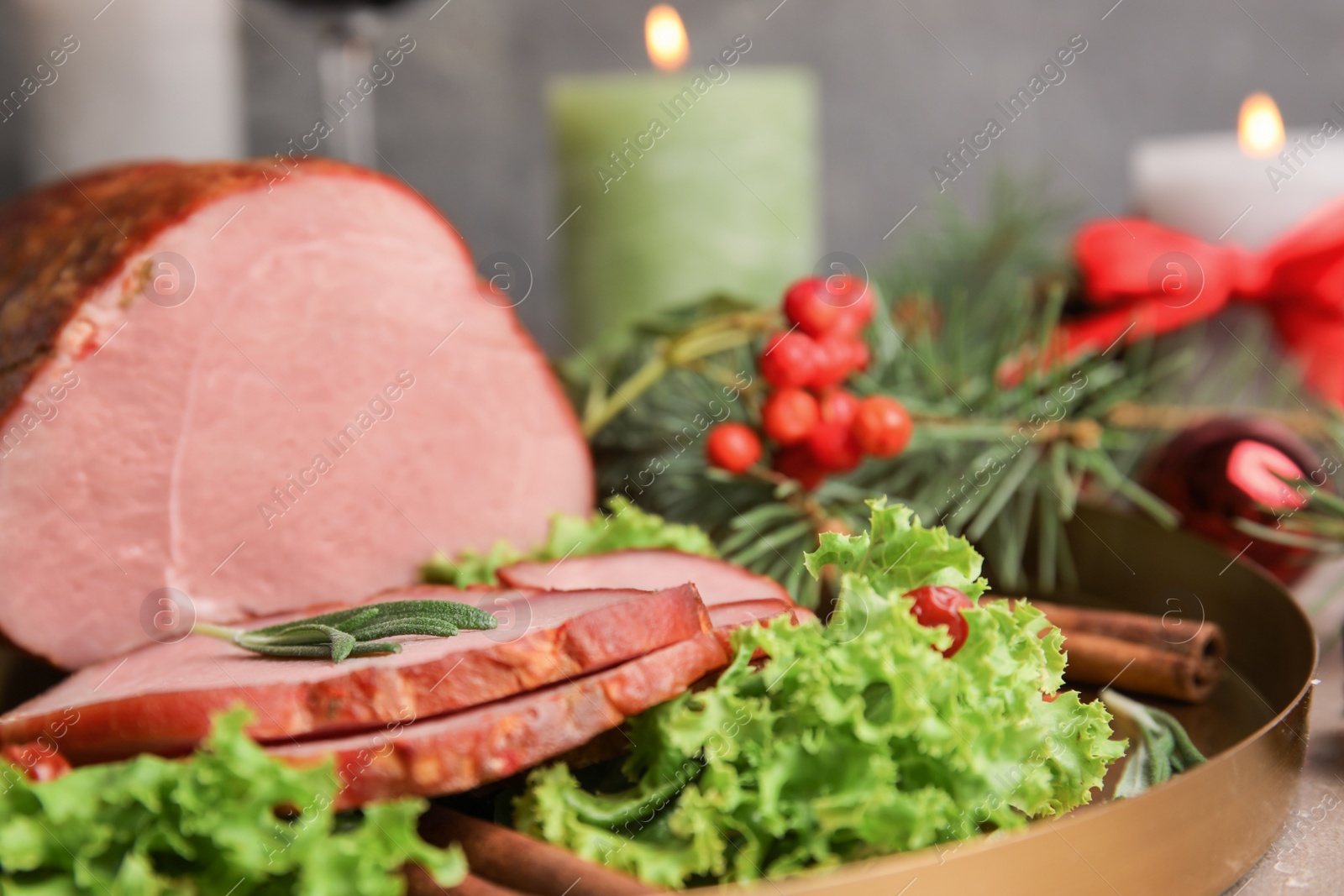 Photo of Delicious ham served on tray, closeup. Christmas dinner