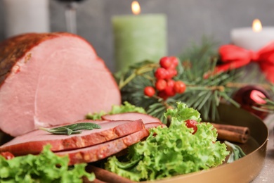 Photo of Delicious ham served on tray, closeup. Christmas dinner