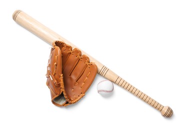Photo of Wooden baseball bat, ball and glove isolated on white, top view