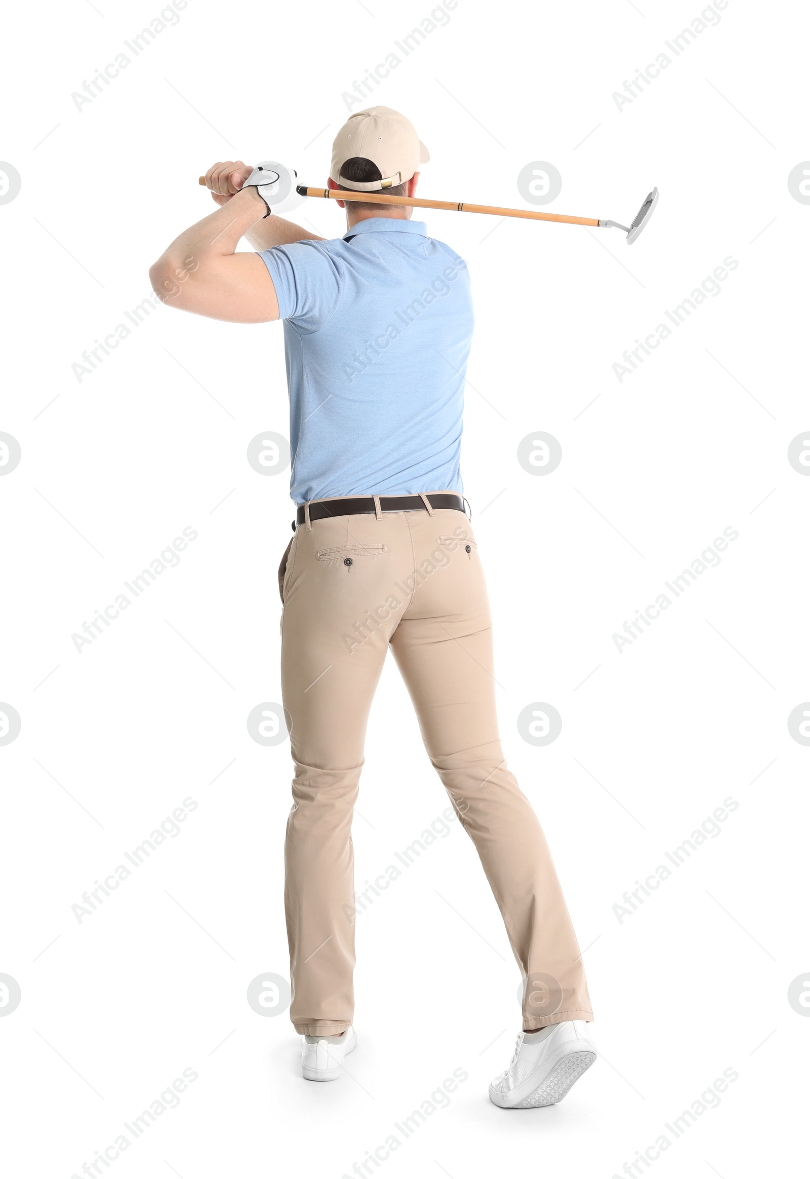 Photo of Young man playing golf on white background