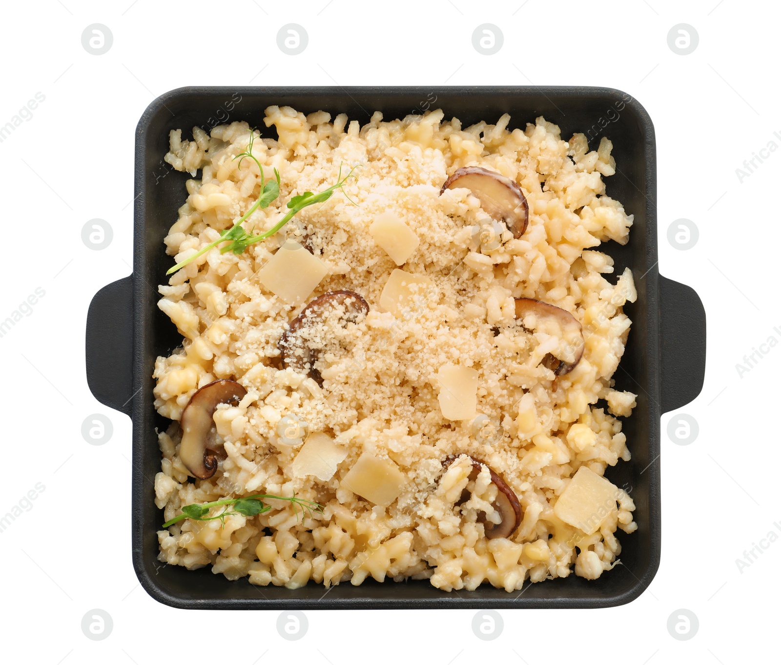 Photo of Delicious risotto with cheese and mushrooms isolated on white, top view