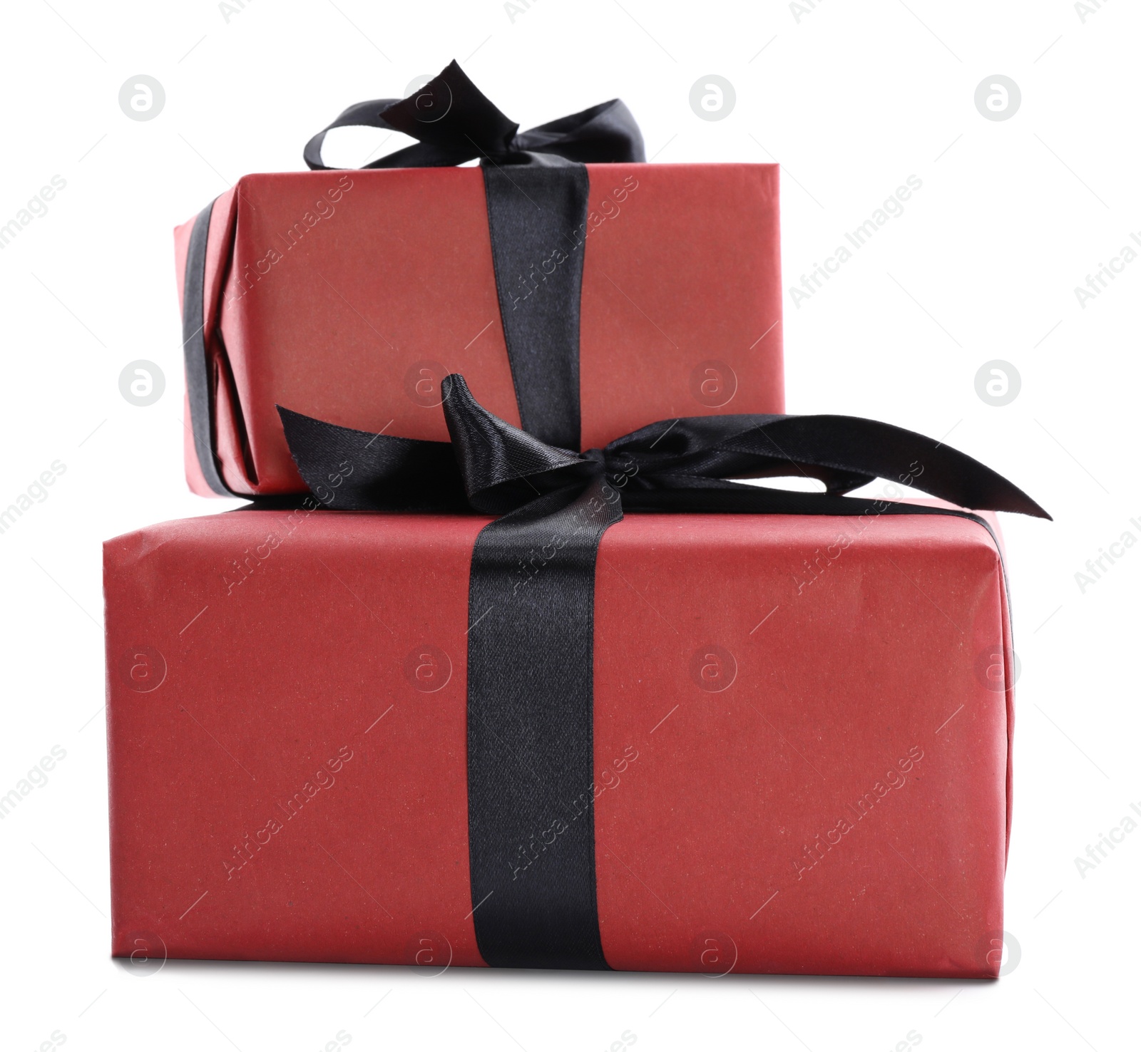 Photo of Red gift boxes with bows isolated on white