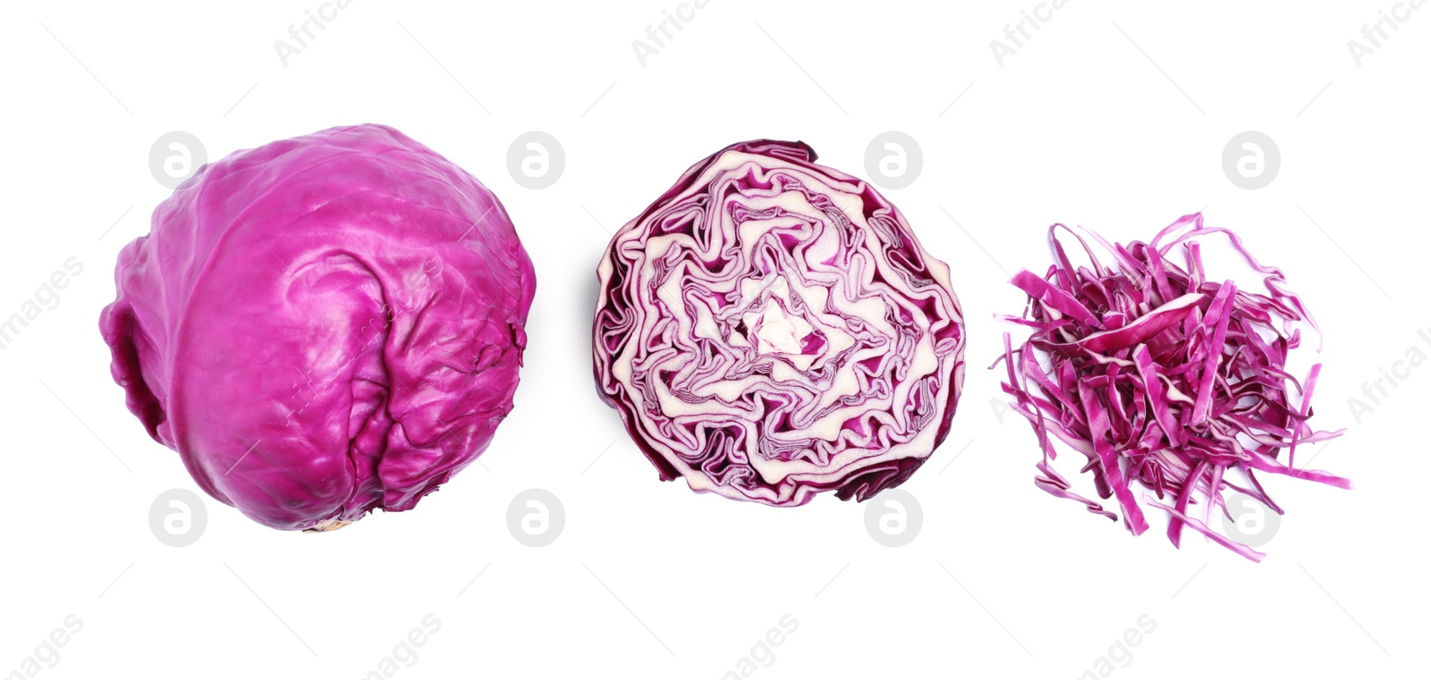 Photo of Fresh red cabbage on white background, top view