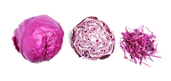 Fresh red cabbage on white background, top view