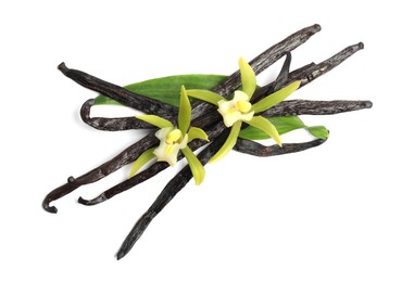 Photo of Vanilla pods, beautiful flowers and green leaf isolated on white