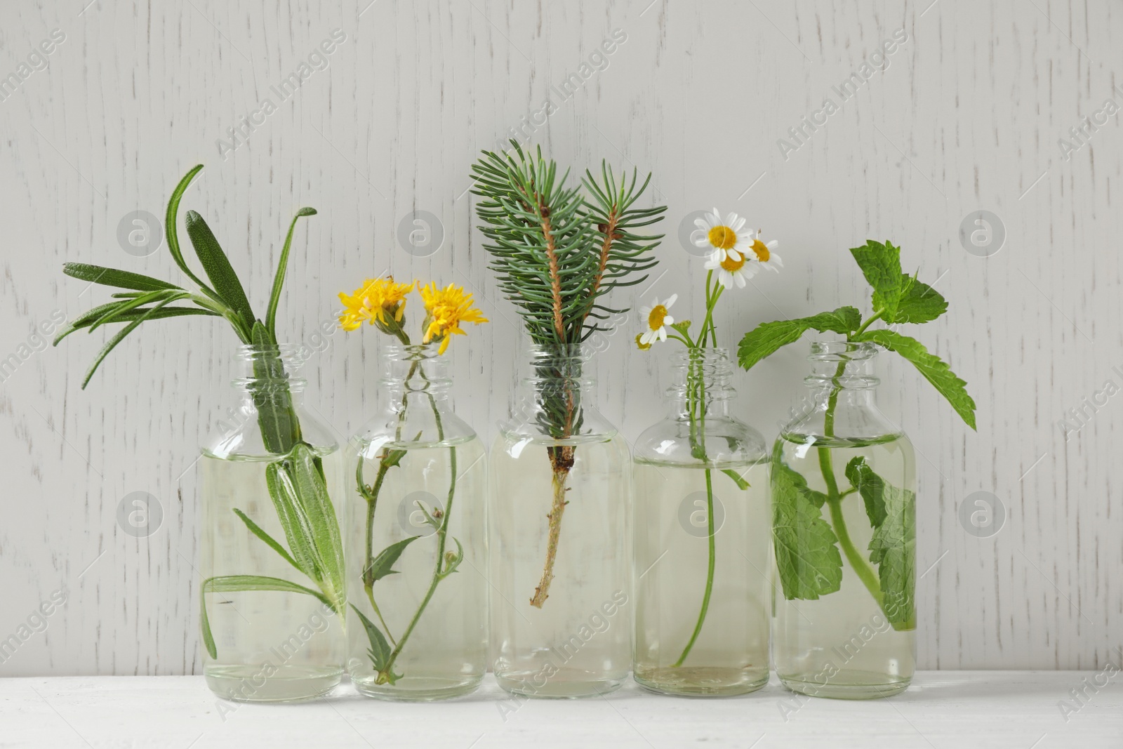 Photo of Glass bottles of different essential oils with plants on table