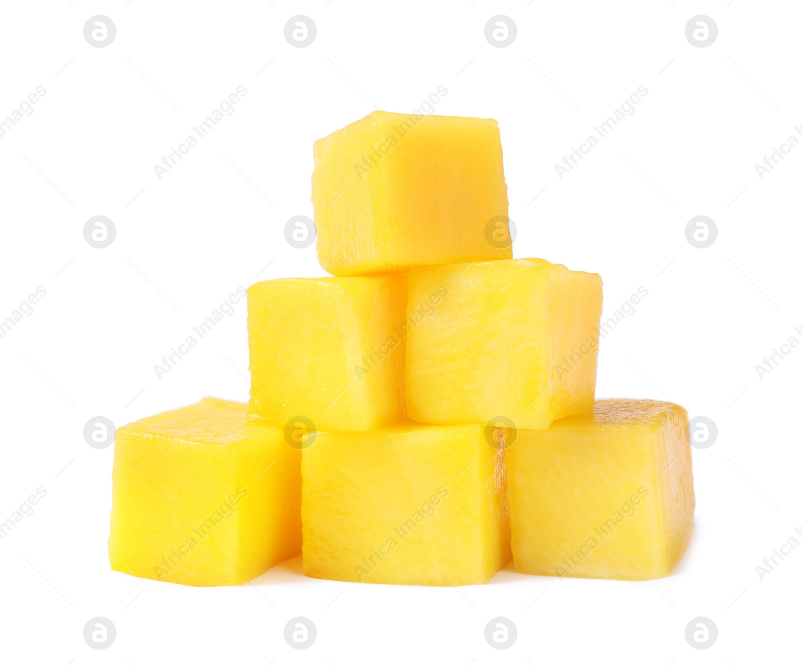 Photo of Fresh juicy mango cubes isolated on white