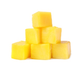 Photo of Fresh juicy mango cubes isolated on white