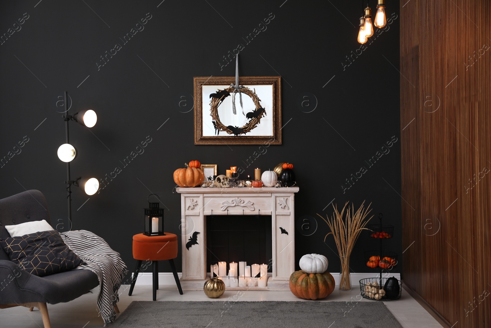 Photo of Modern room decorated for Halloween. Idea for festive interior