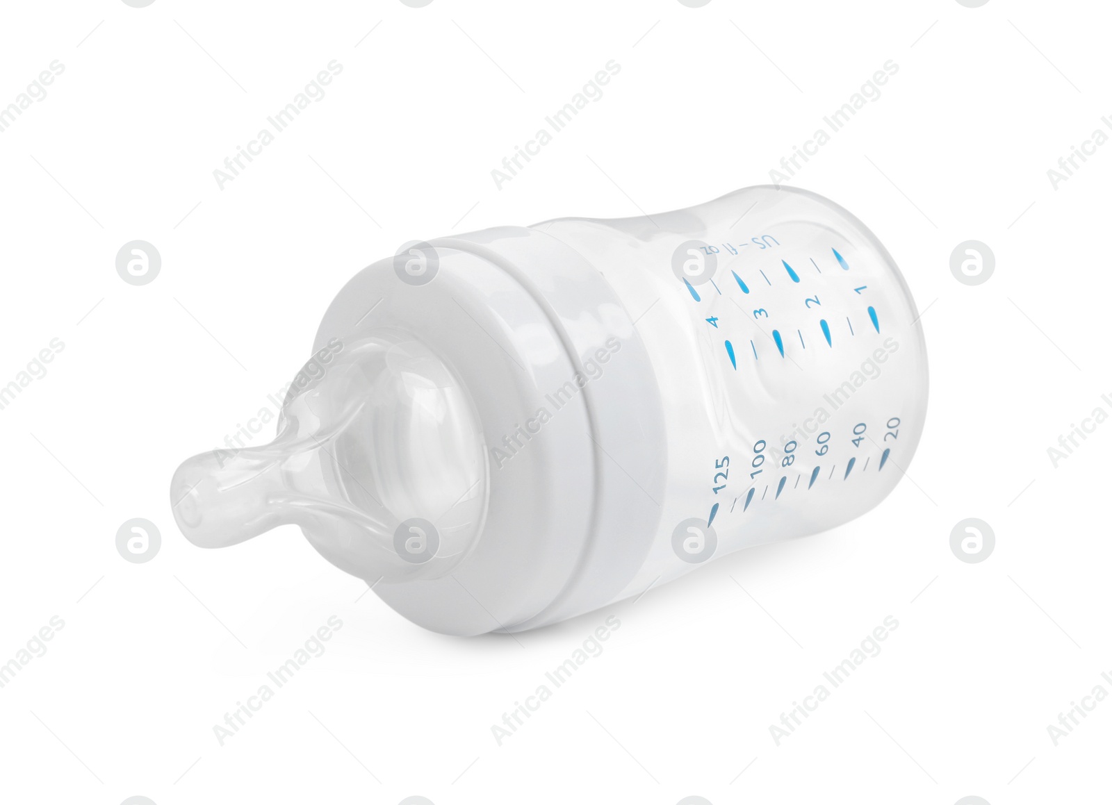 Photo of Empty feeding bottle for infant formula isolated on white