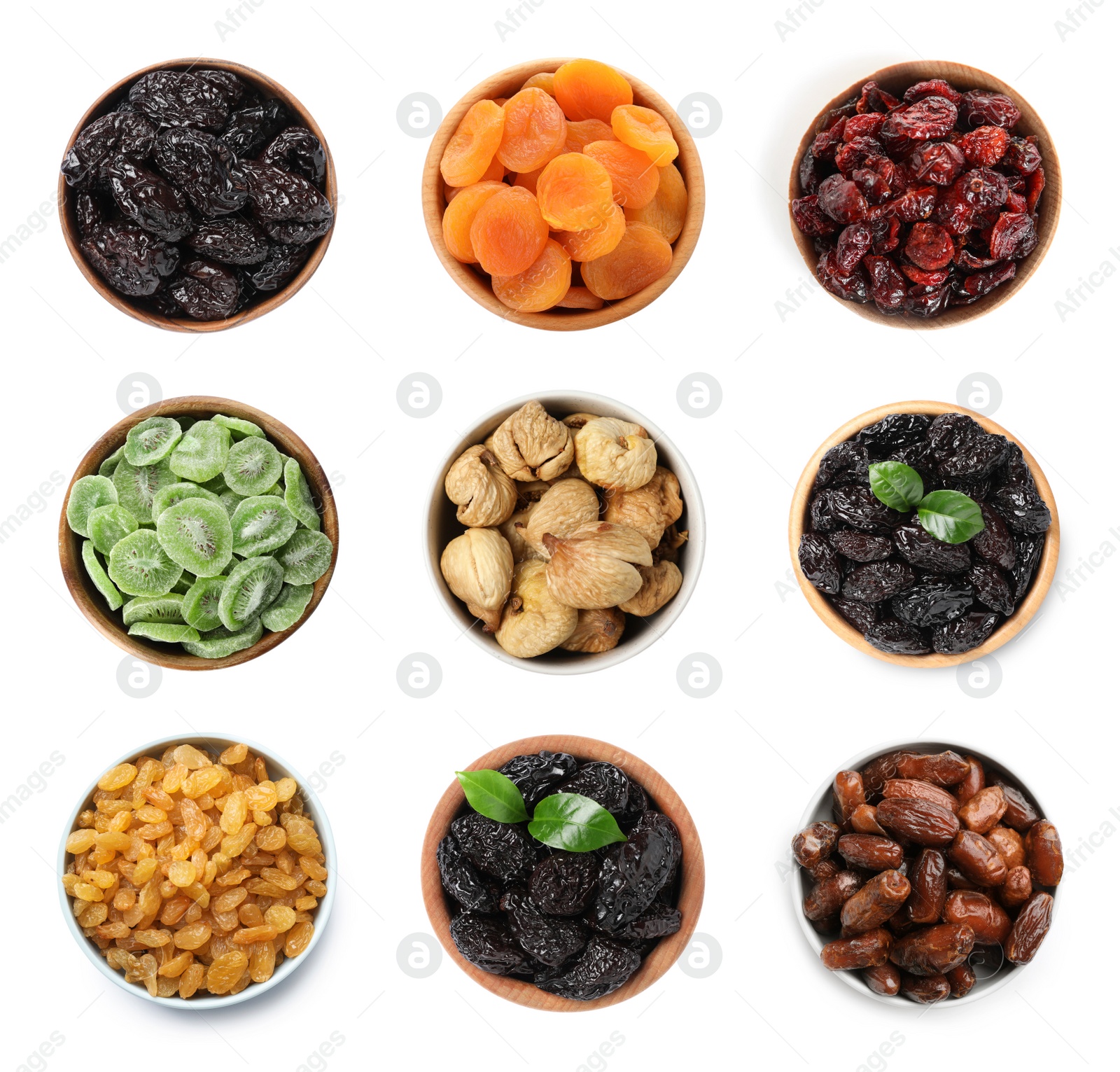 Image of Set with different tasty dried fruits on white background, top view