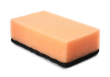 Photo of Orange cleaning sponge with abrasive black scourer isolated on white