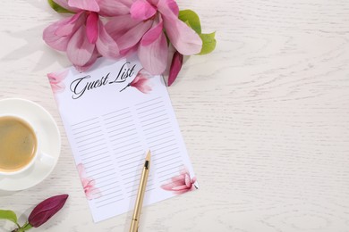 Guest list, coffee, pen and beautiful flowers on white wooden table, flat lay. Space for text