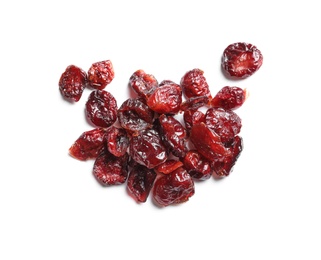 Photo of Heap of cranberries on white background, top view. Dried fruit as healthy snack