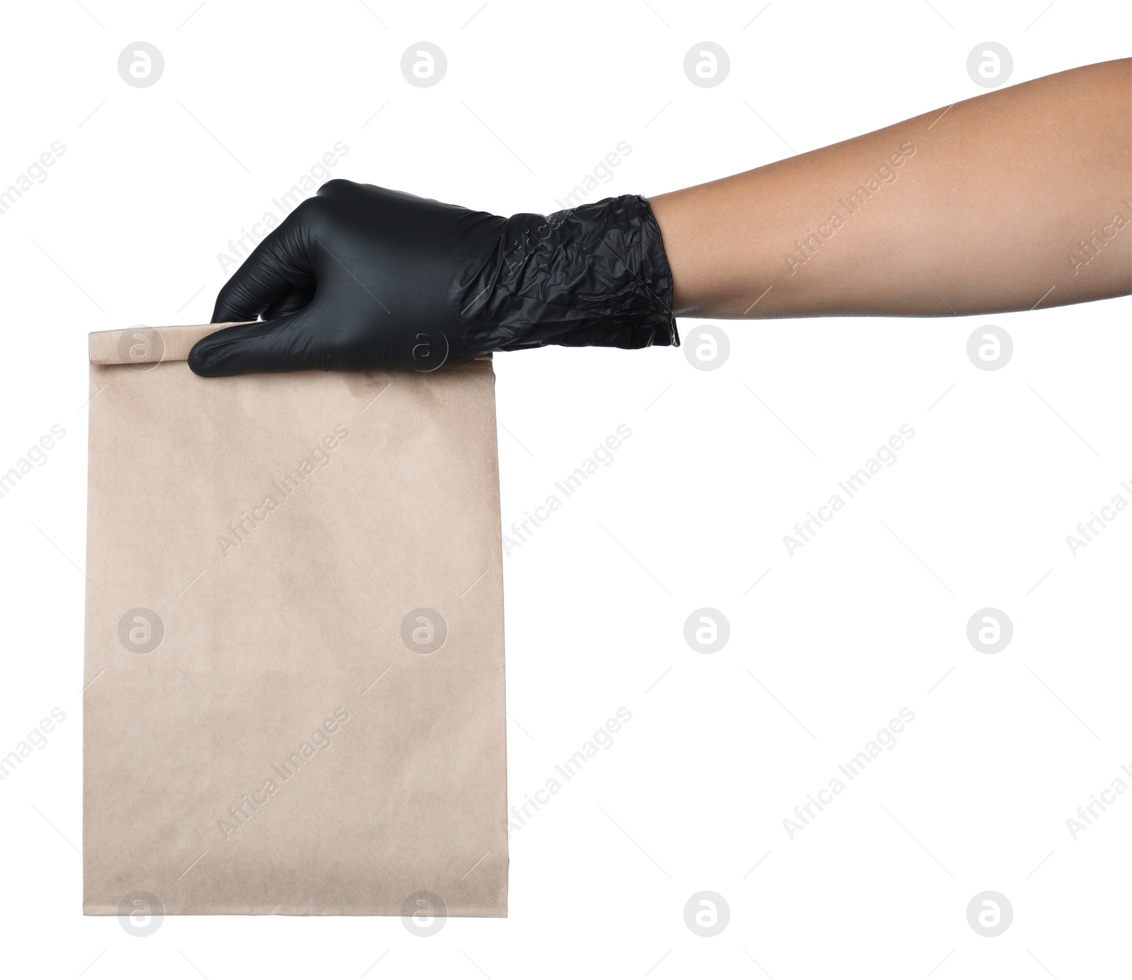 Photo of Woman holding paper bag on white background, closeup