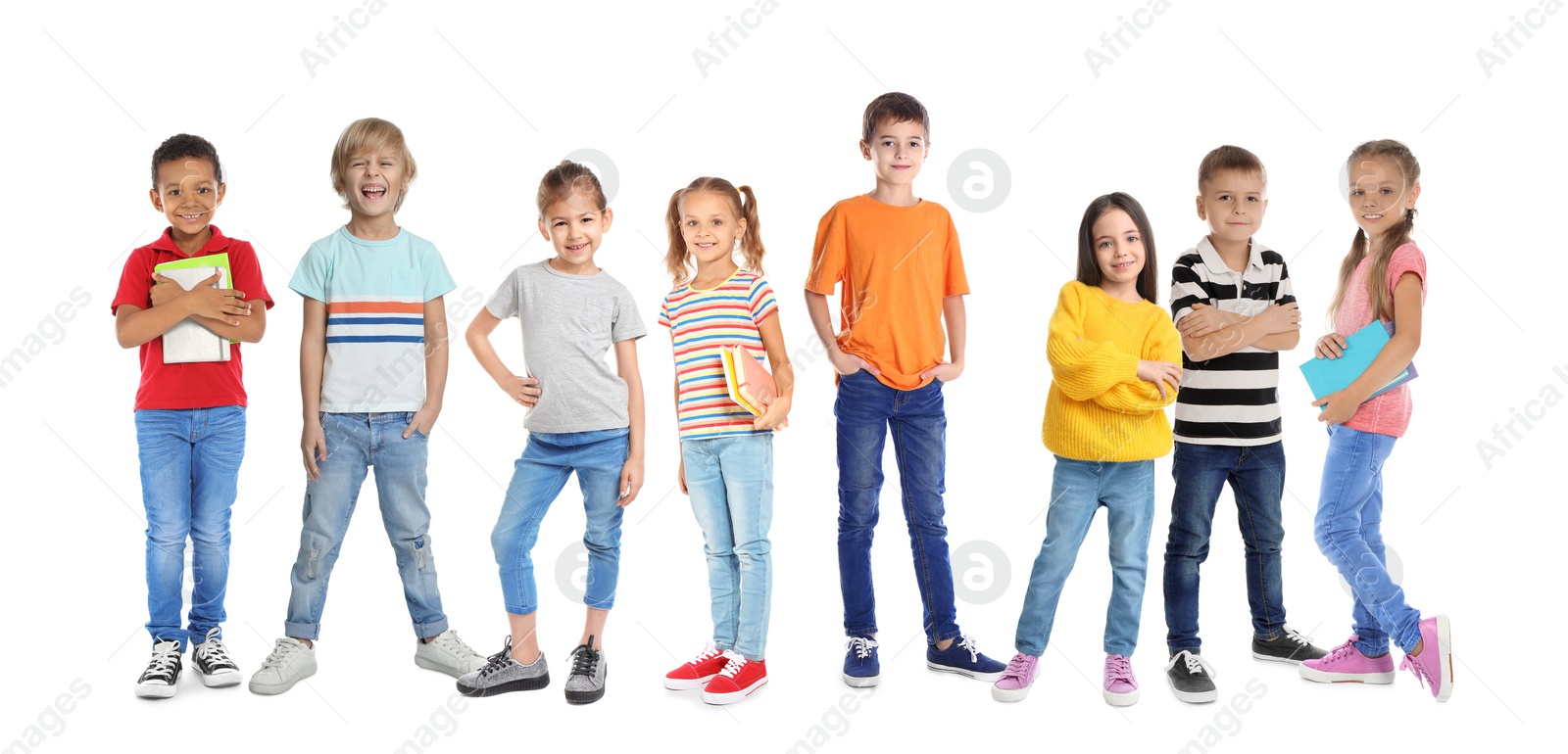 Image of Group of cute school children on white background. Banner design