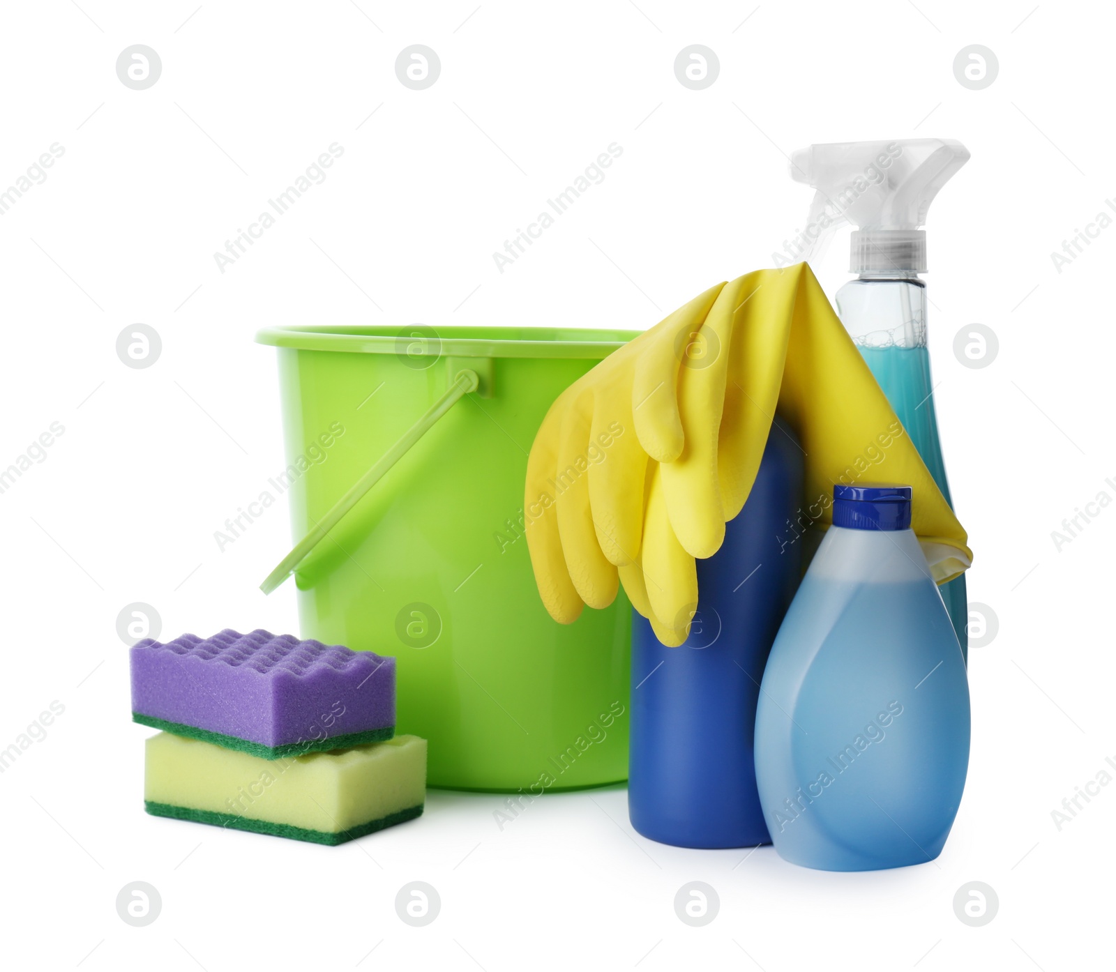 Photo of Set of different cleaning supplies on white background